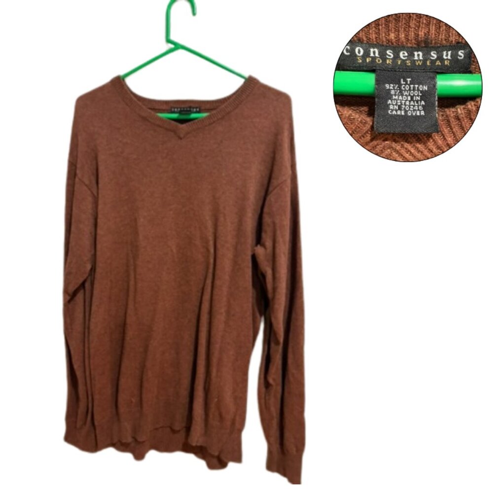 Consensus Sportswear Brown V-Neck Sweater Size LT Cotton Wool Blend